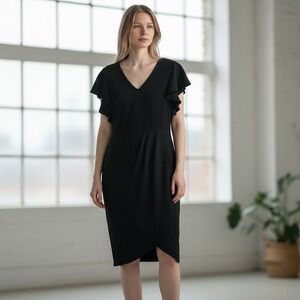 iHot Womens Black V-Neck Ruffle Sleeve Sheath Cocktail Dress Size L NWT